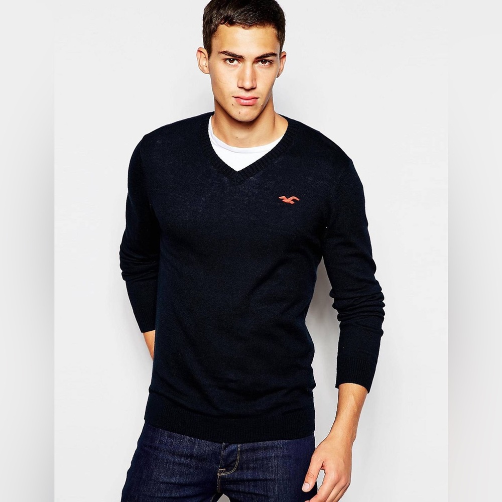 Men’s Large Medium Navy Blue Hollister V Neck Sweater with‎ Logo Spring Fall